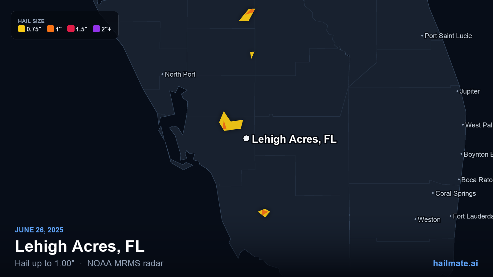 Hail swath map for Lehigh Acres, FL on June 26, 2025 showing 1.00 inch hail.