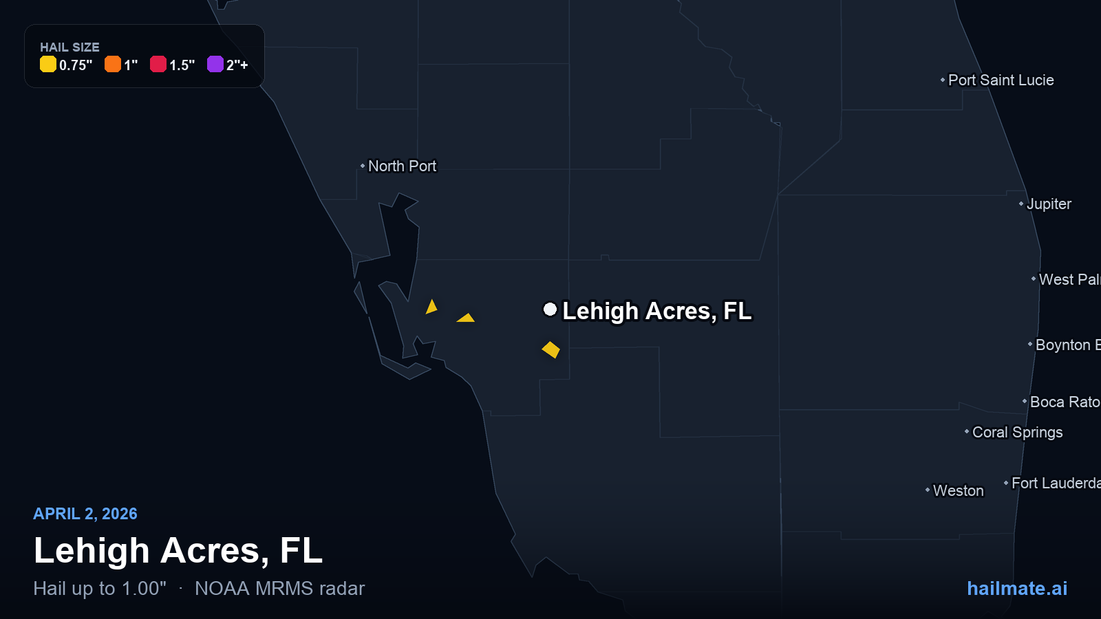 Hail swath map for Lehigh Acres, FL on April 2, 2026 showing 1.00 inch hail.