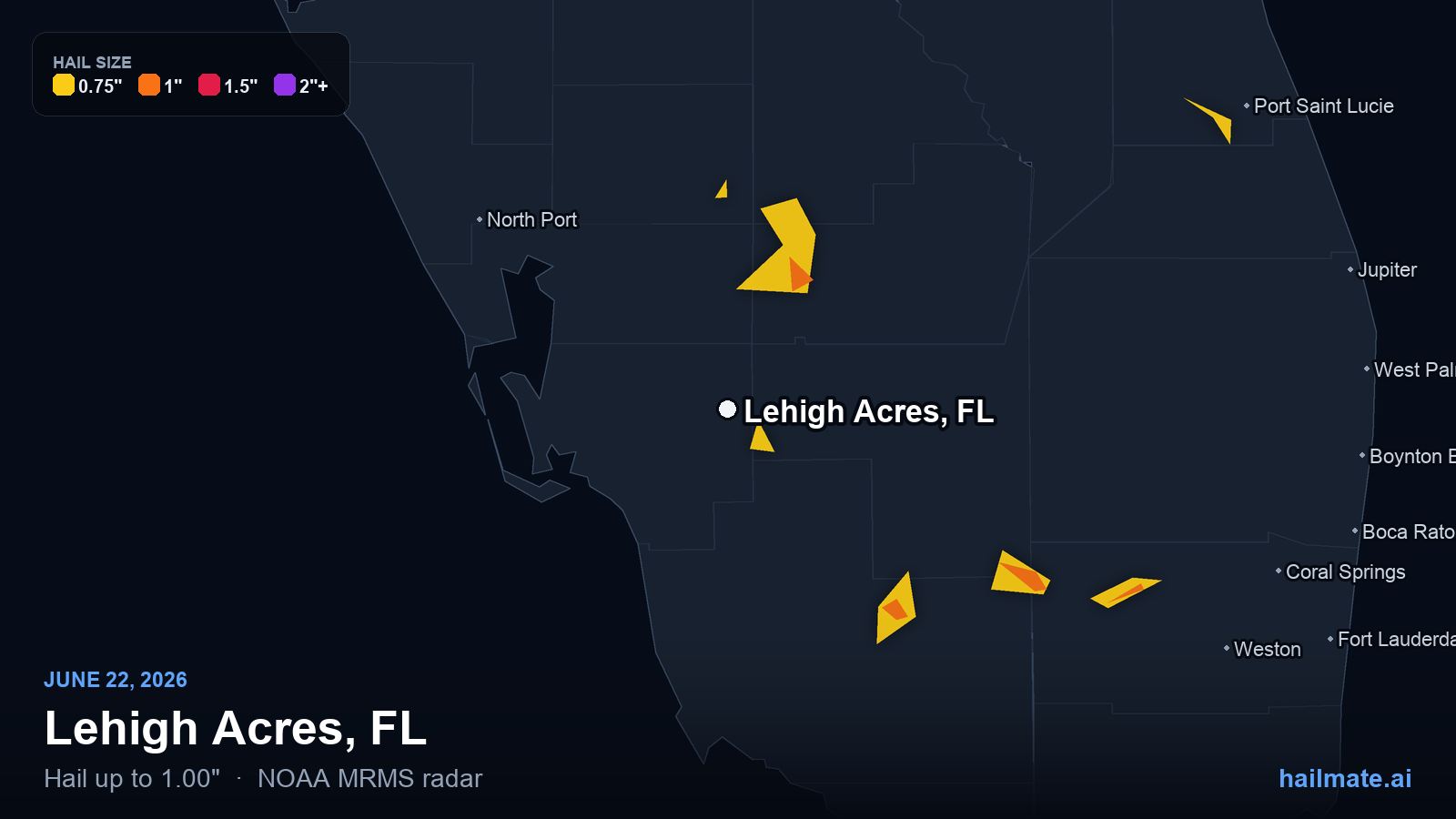 Hail swath map for Lehigh Acres, FL on June 22, 2026 showing 1.00 inch hail.
