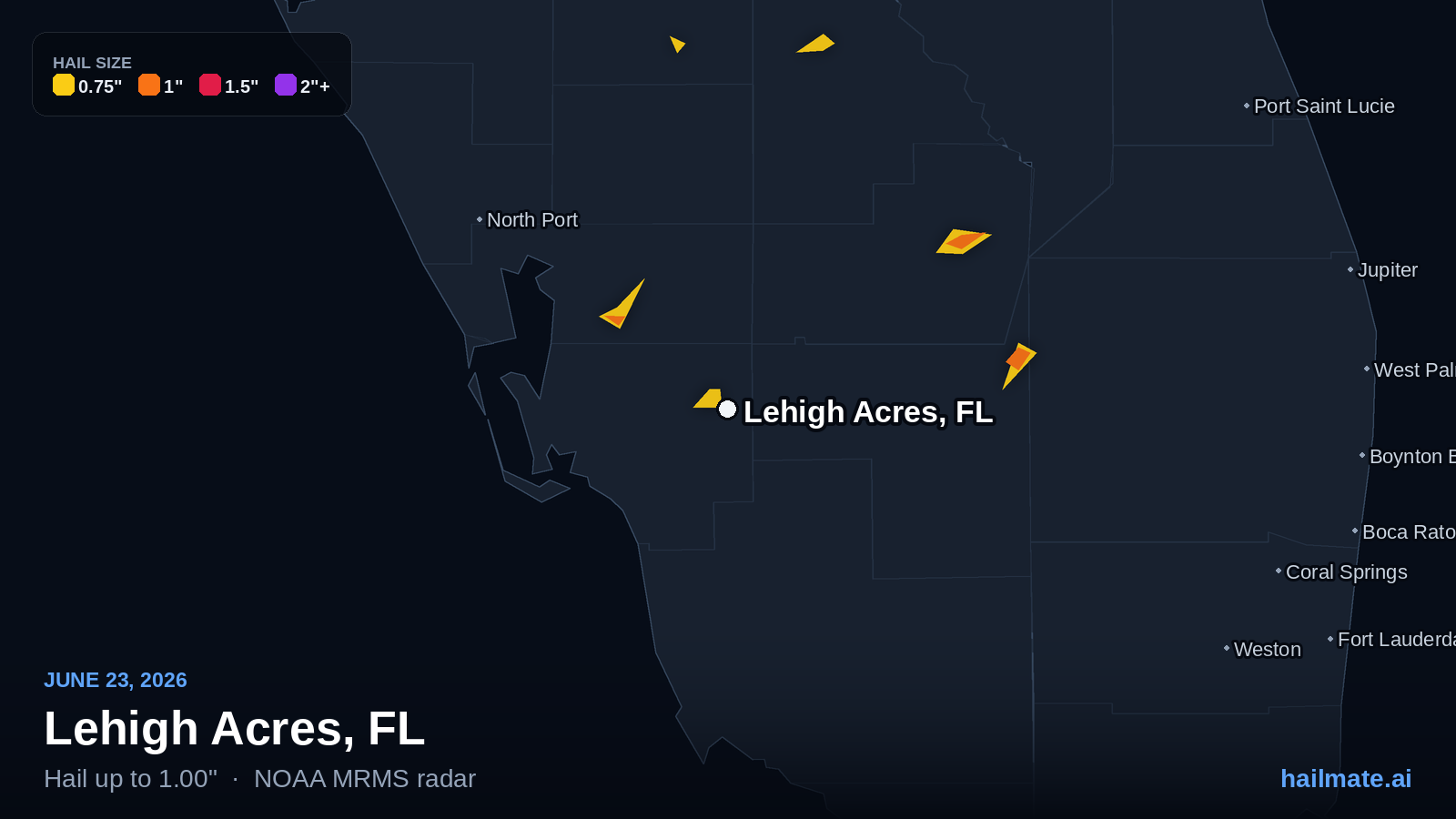Hail swath map for Lehigh Acres, FL on June 23, 2026 showing 1.00 inch hail.