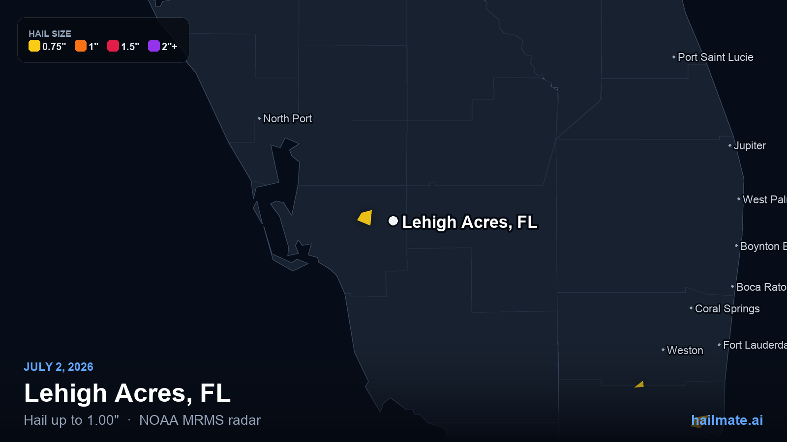 Hail swath map for Lehigh Acres, FL on July 2, 2026 showing 1.00 inch hail.