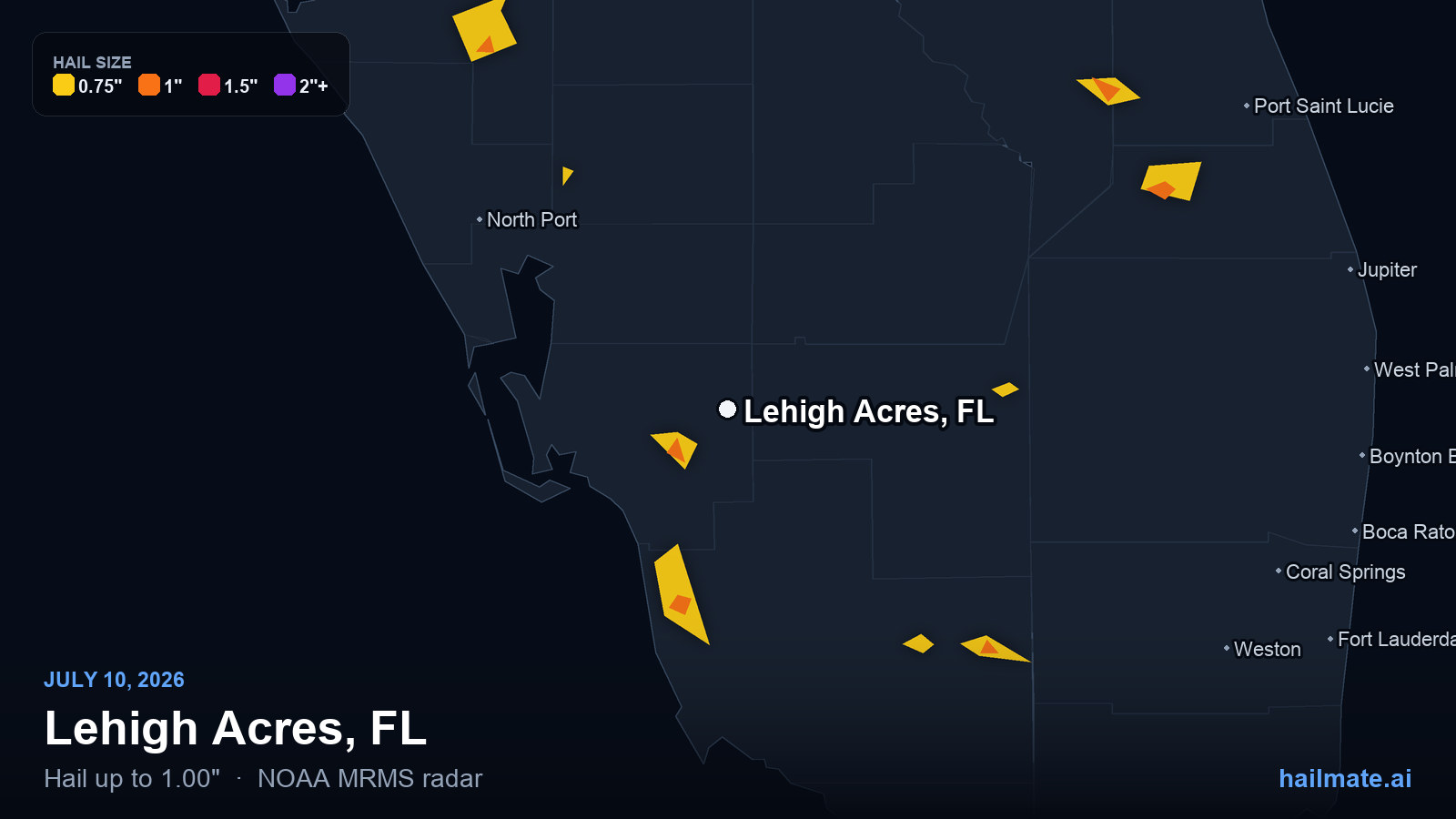 Hail swath map for Lehigh Acres, FL on July 10, 2026 showing 1.00 inch hail.
