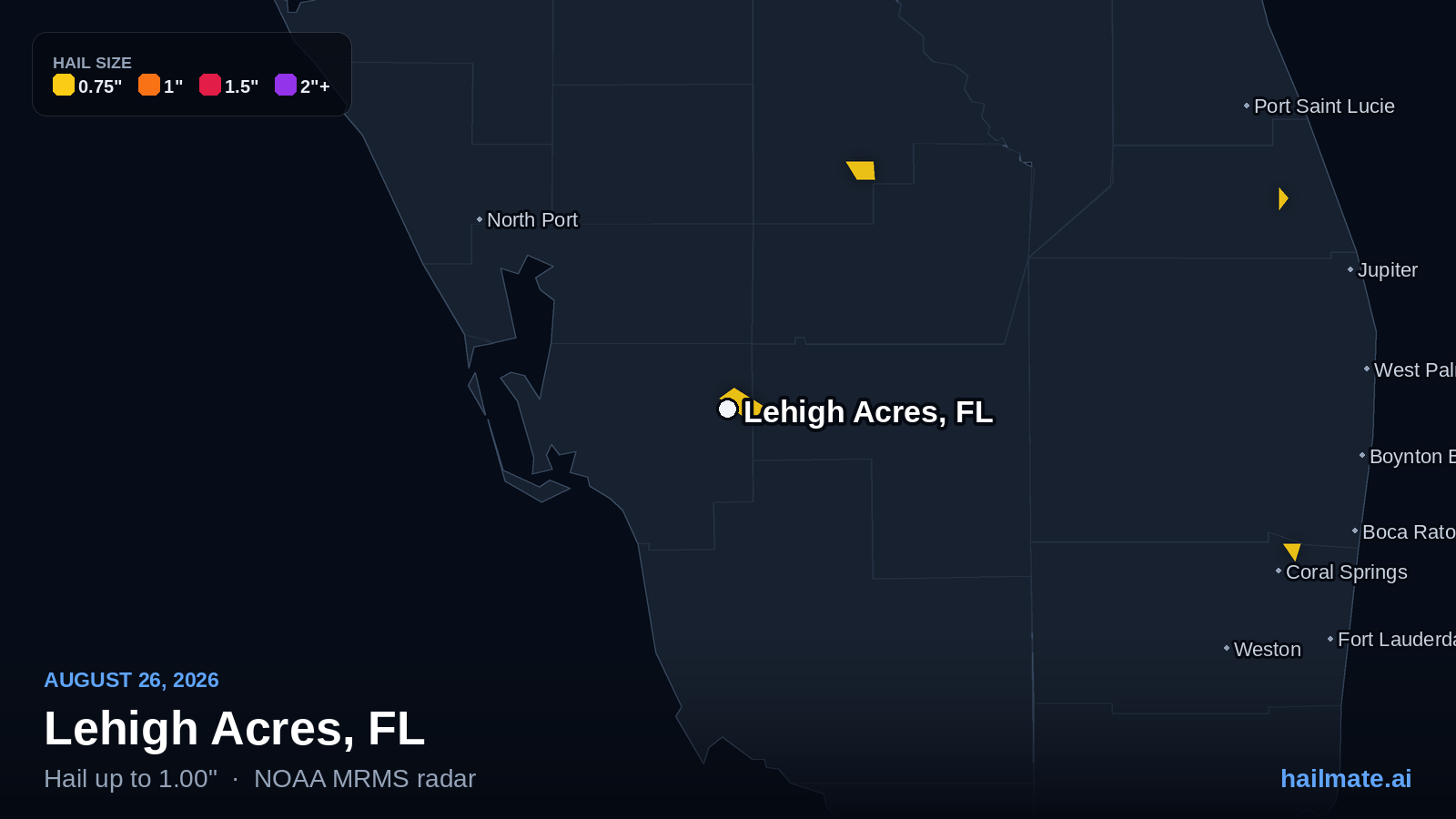 Hail swath map for Lehigh Acres, FL on August 26, 2026 showing 1.00 inch hail.