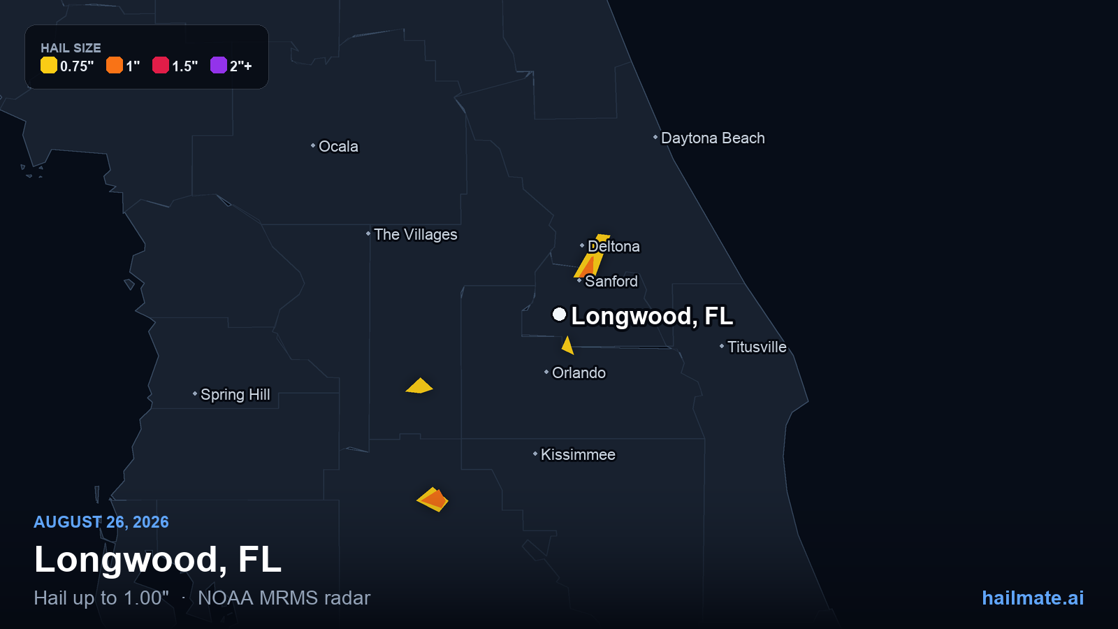 Hail swath map for Longwood, FL on August 26, 2026 showing 1.00 inch hail.
