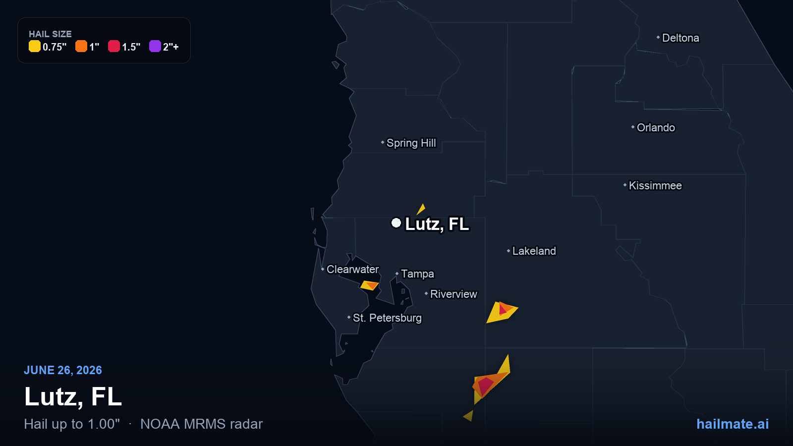 Hail swath map for Lutz, FL on June 26, 2026 showing 1.00 inch hail.