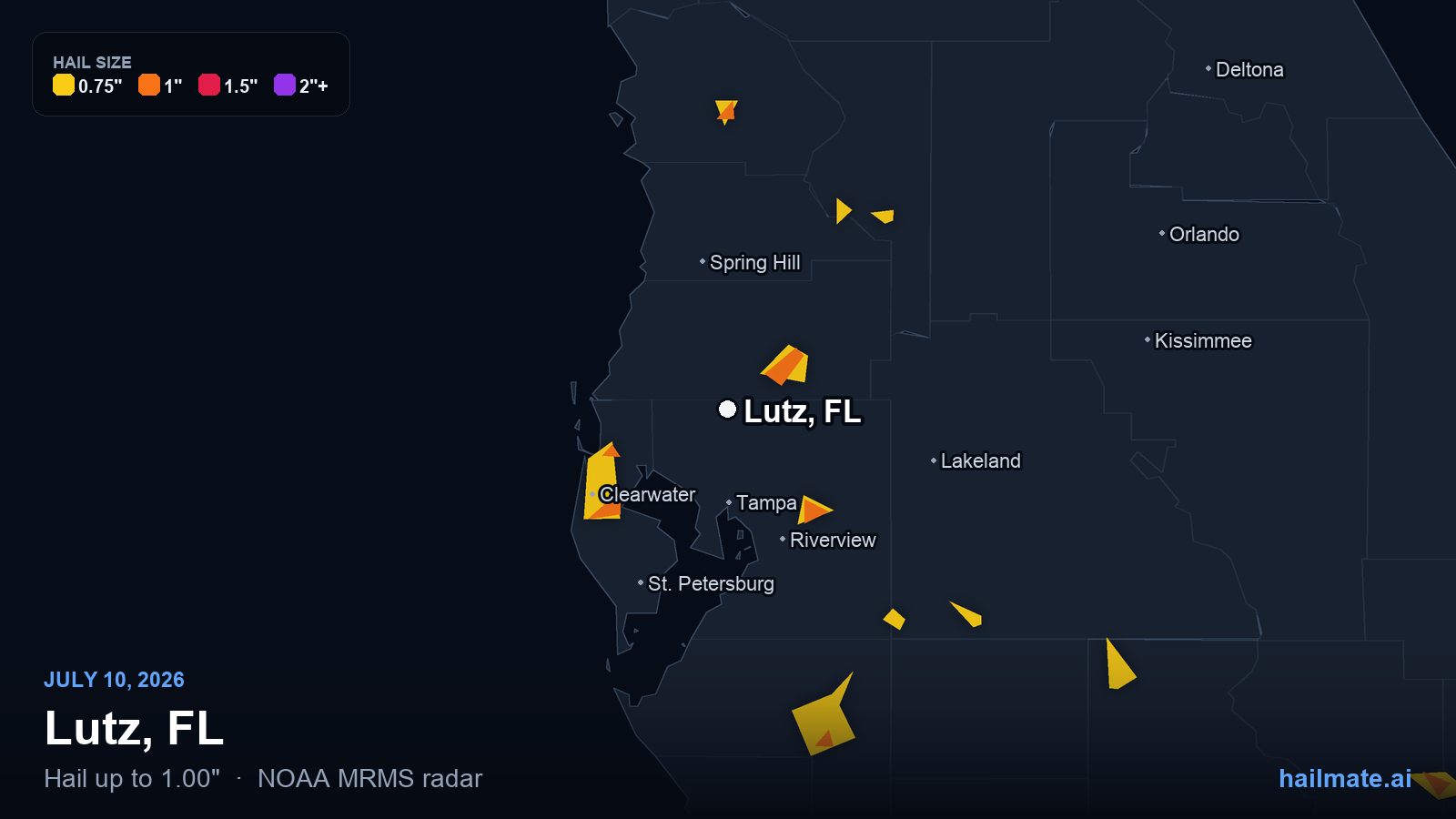 Hail swath map for Lutz, FL on July 10, 2026 showing 1.00 inch hail.