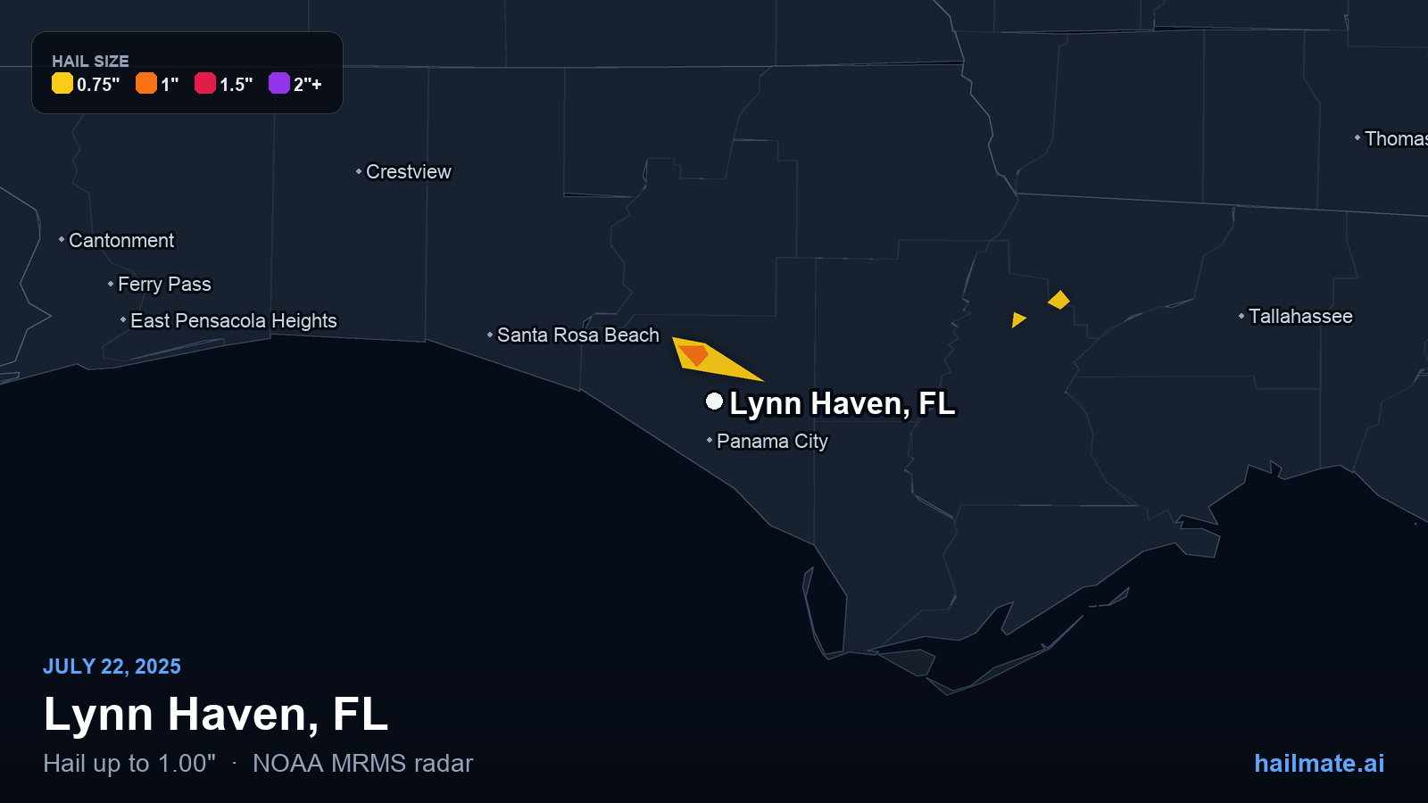 Hail swath map for Lynn Haven, FL on July 22, 2025 showing 1.00 inch hail.