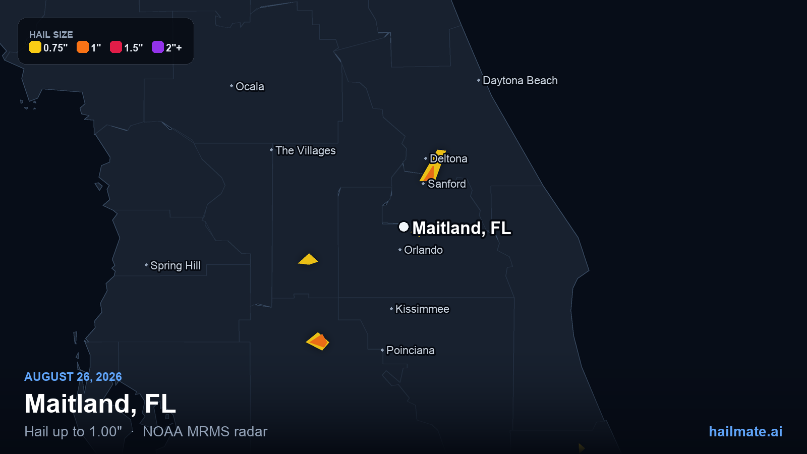 Hail swath map for Maitland, FL on August 26, 2026 showing 1.00 inch hail.