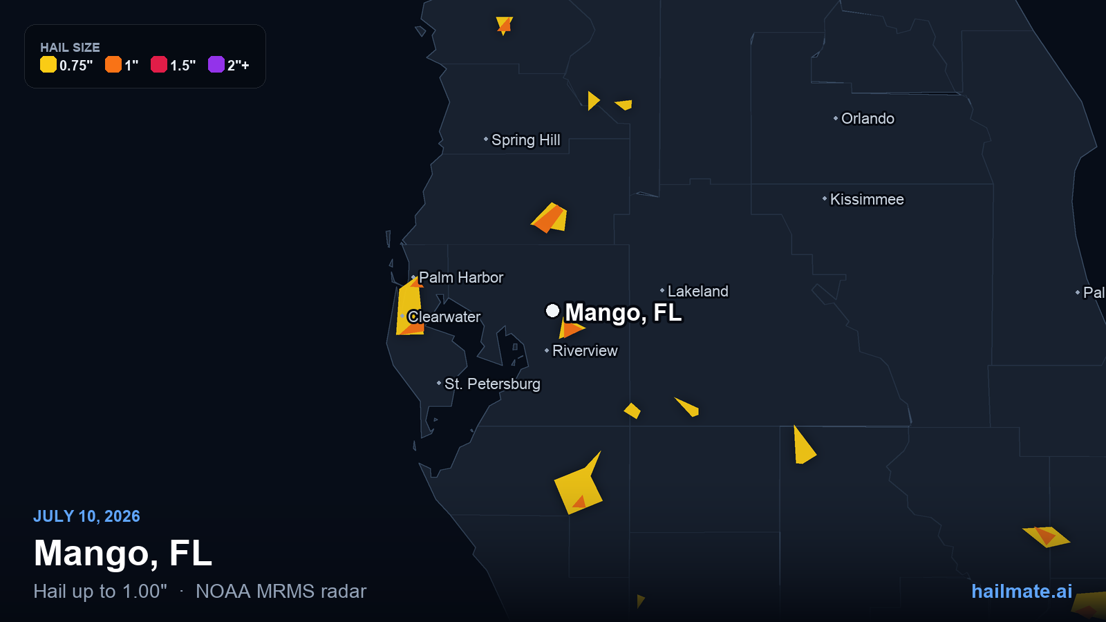 Hail swath map for Mango, FL on July 10, 2026 showing 1.00 inch hail.