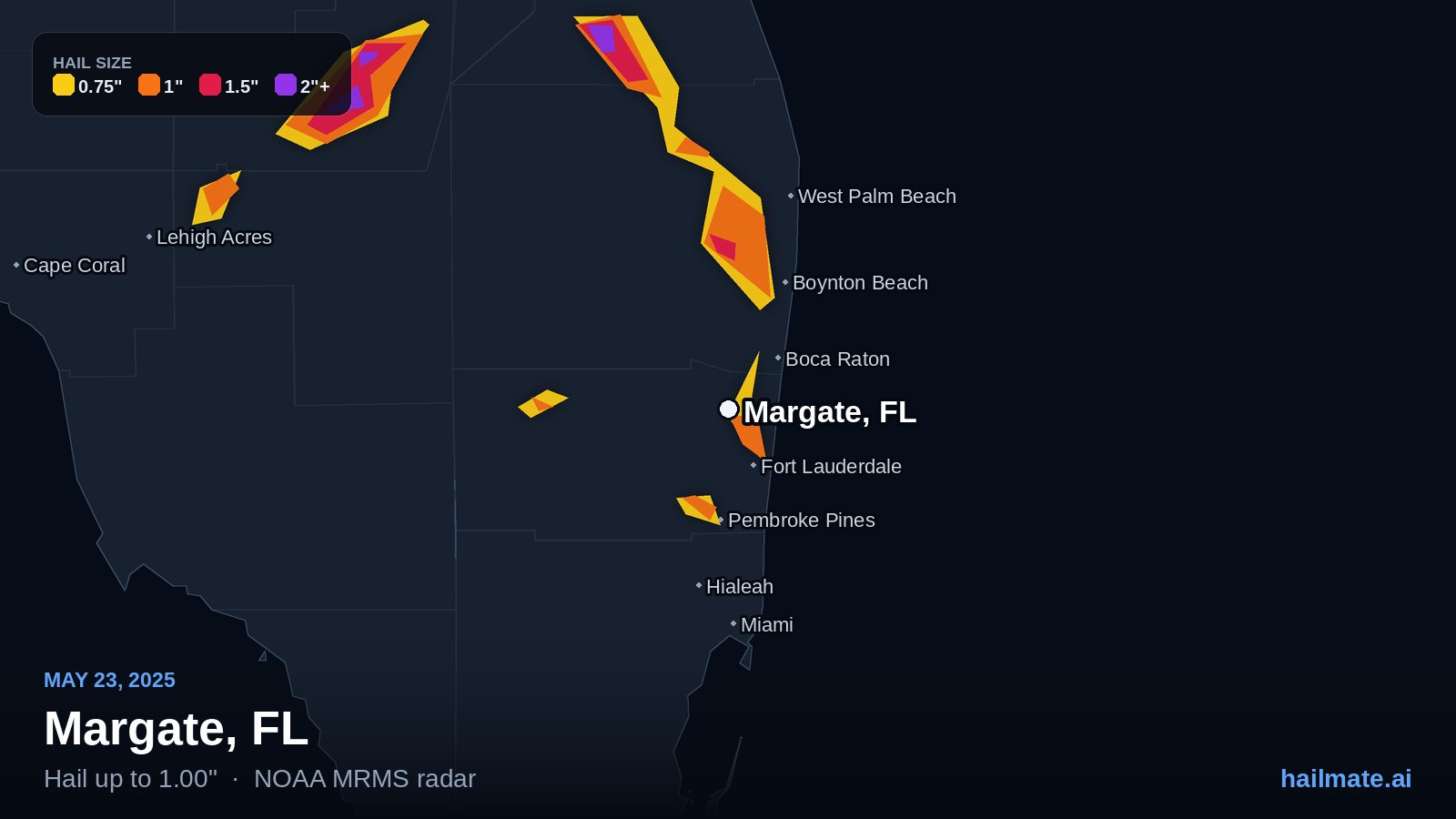 Hail swath map for Margate, FL on May 23, 2025 showing 1.00 inch hail.