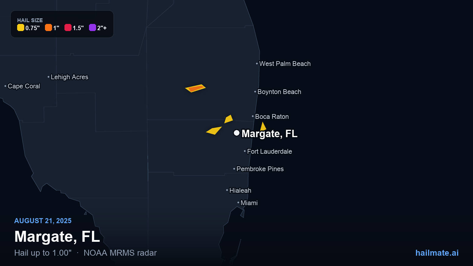 Hail swath map for Margate, FL on August 21, 2025 showing 1.00 inch hail.