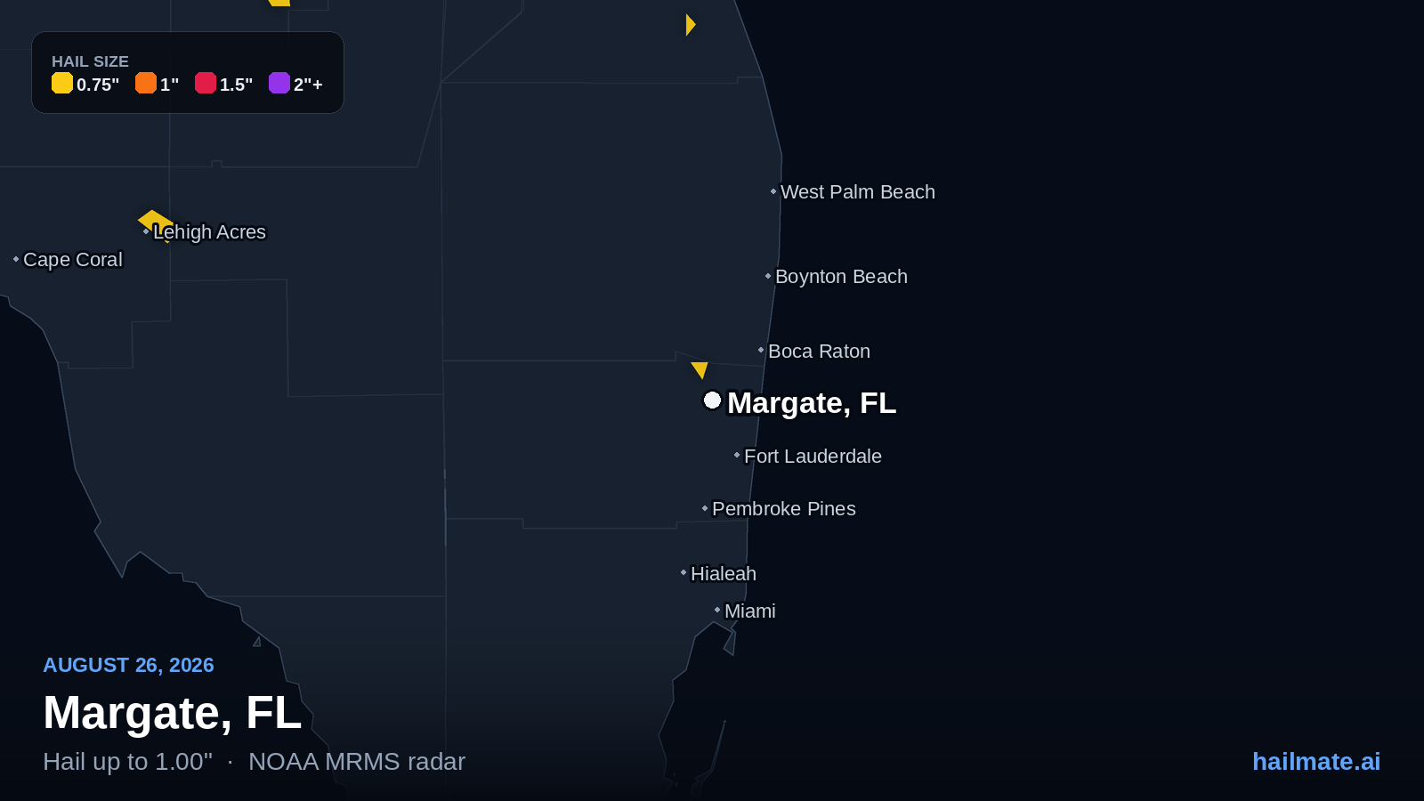 Hail swath map for Margate, FL on August 26, 2026 showing 1.00 inch hail.