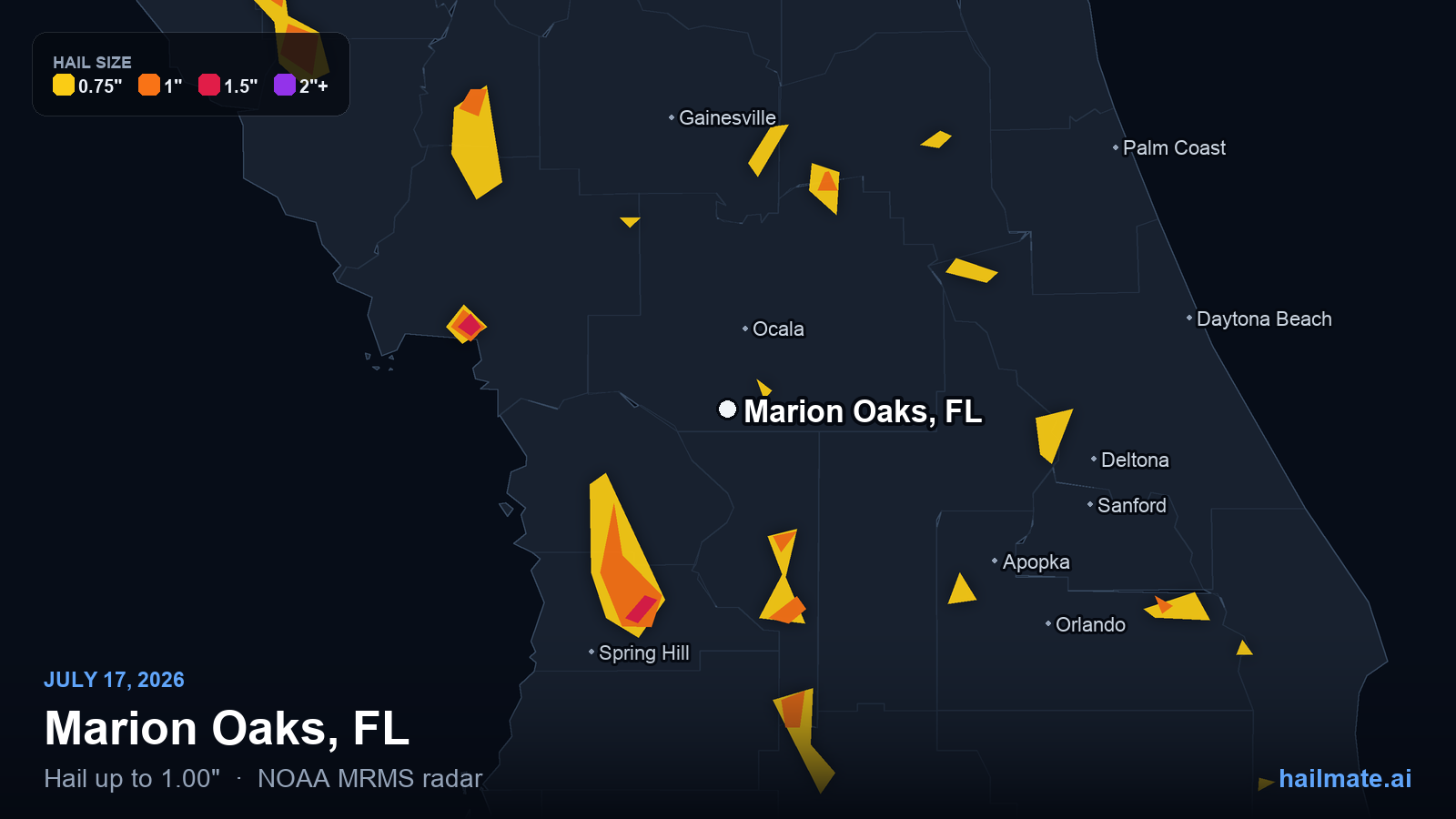 Hail swath map for Marion Oaks, FL on July 17, 2026 showing 1.00 inch hail.