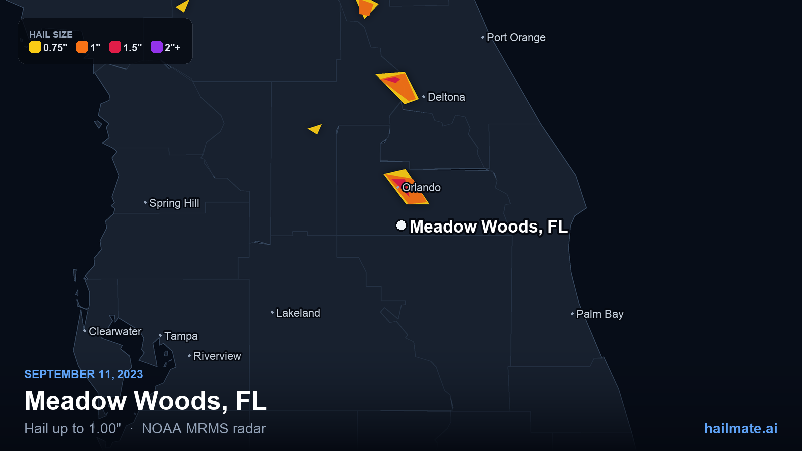 Hail swath map for Meadow Woods, FL on September 11, 2023 showing 1.00 inch hail.