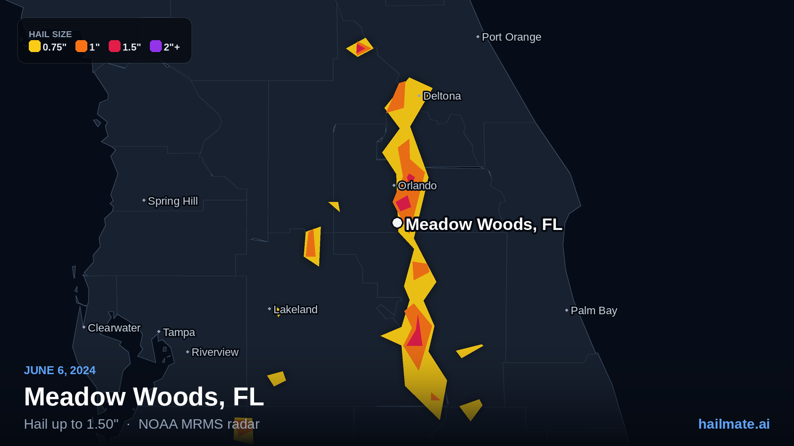 Hail swath map for Meadow Woods, FL on June 6, 2024 showing 1.50 inch hail.
