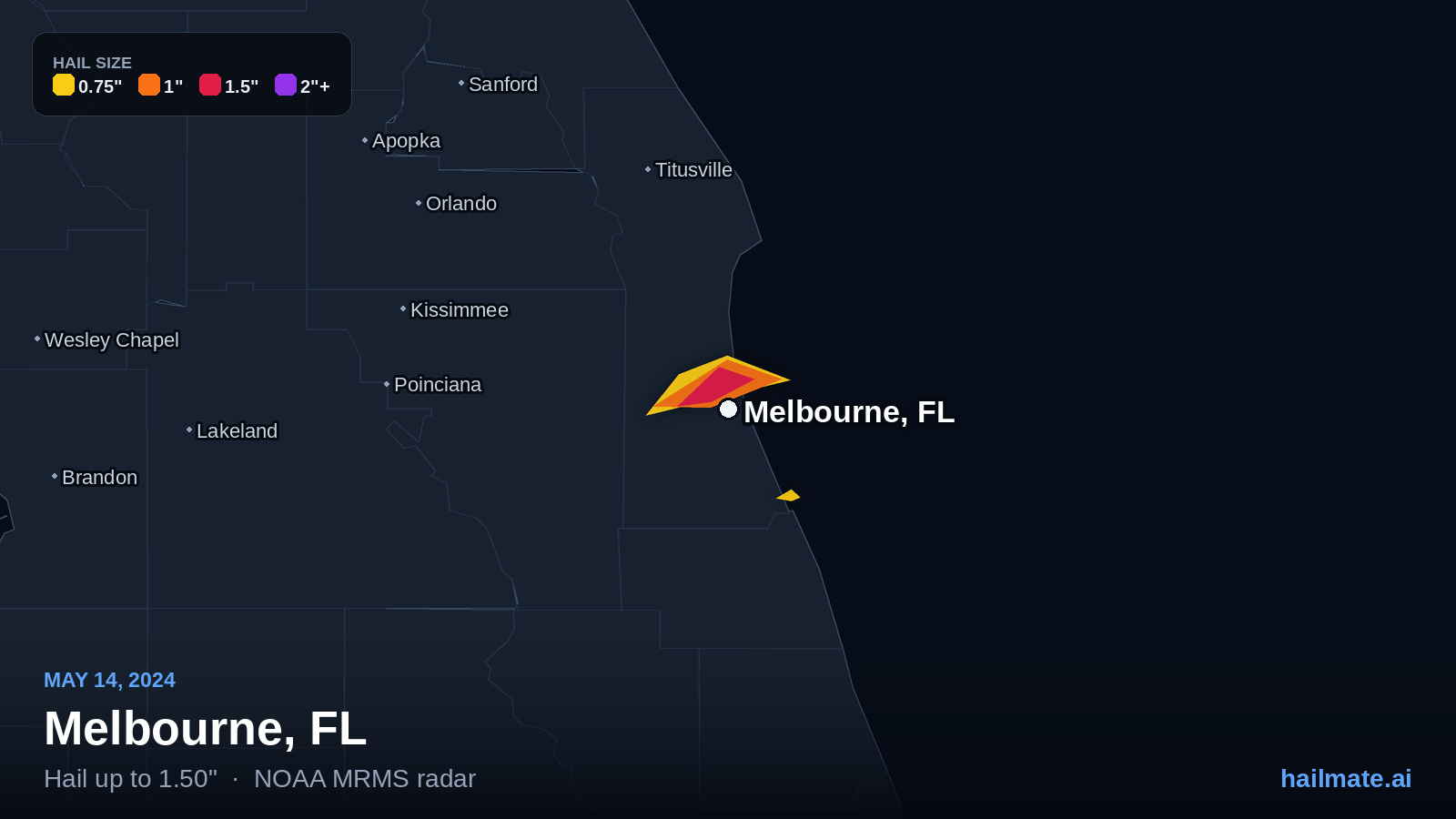 Hail swath map for Melbourne, FL on May 14, 2024 showing 1.50 inch hail.