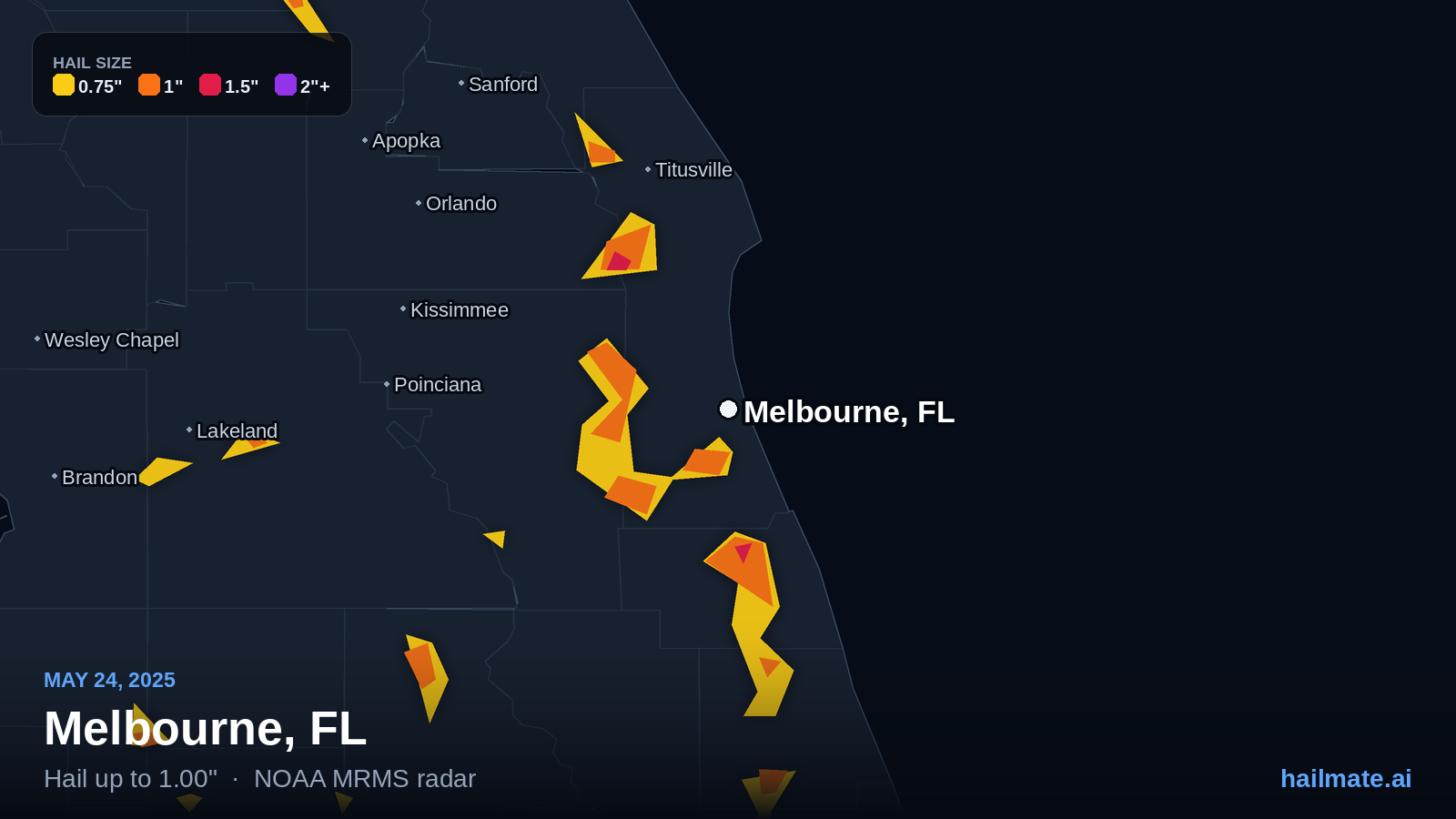 Hail swath map for Melbourne, FL on May 24, 2025 showing 1.00 inch hail.