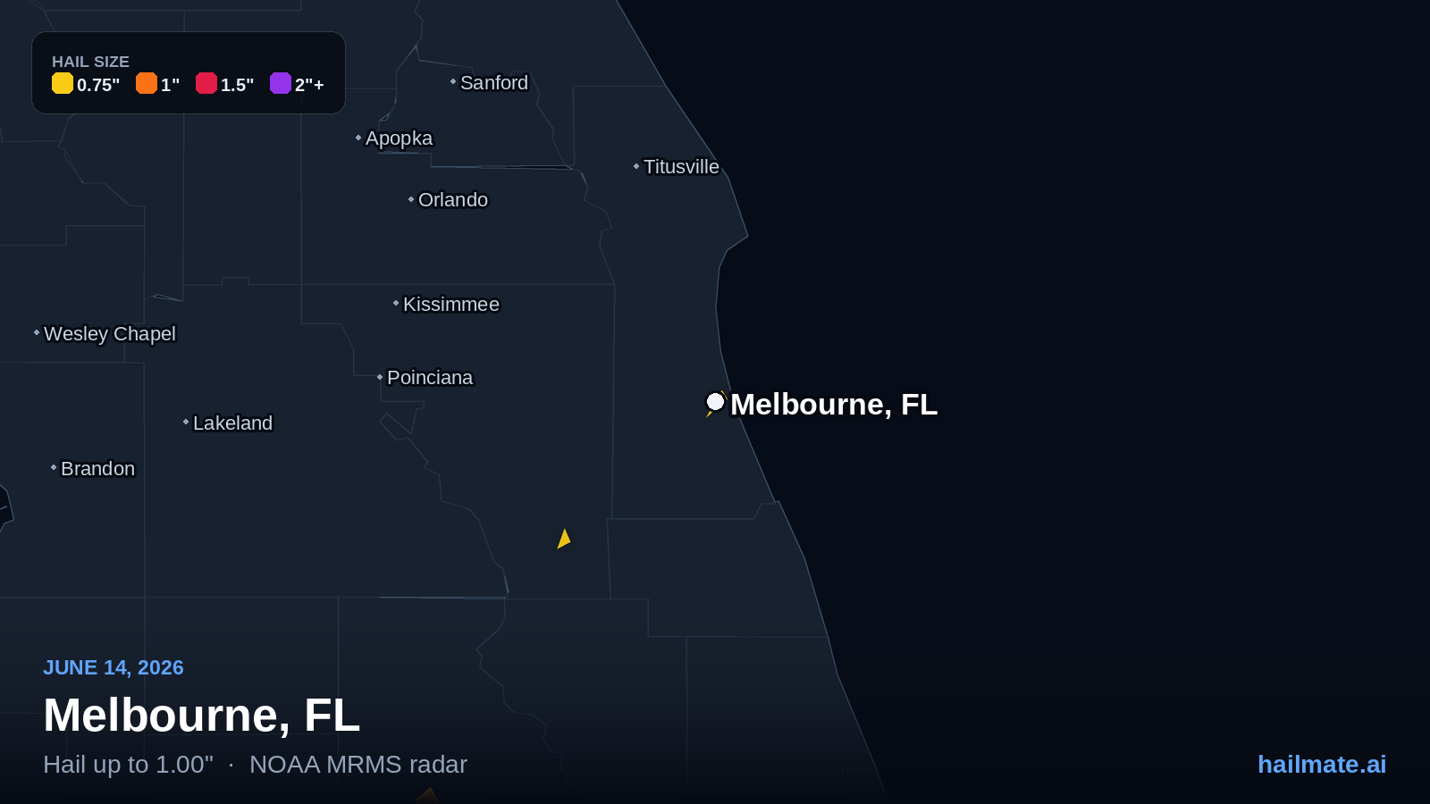 Hail swath map for Melbourne, FL on June 14, 2026 showing 1.00 inch hail.