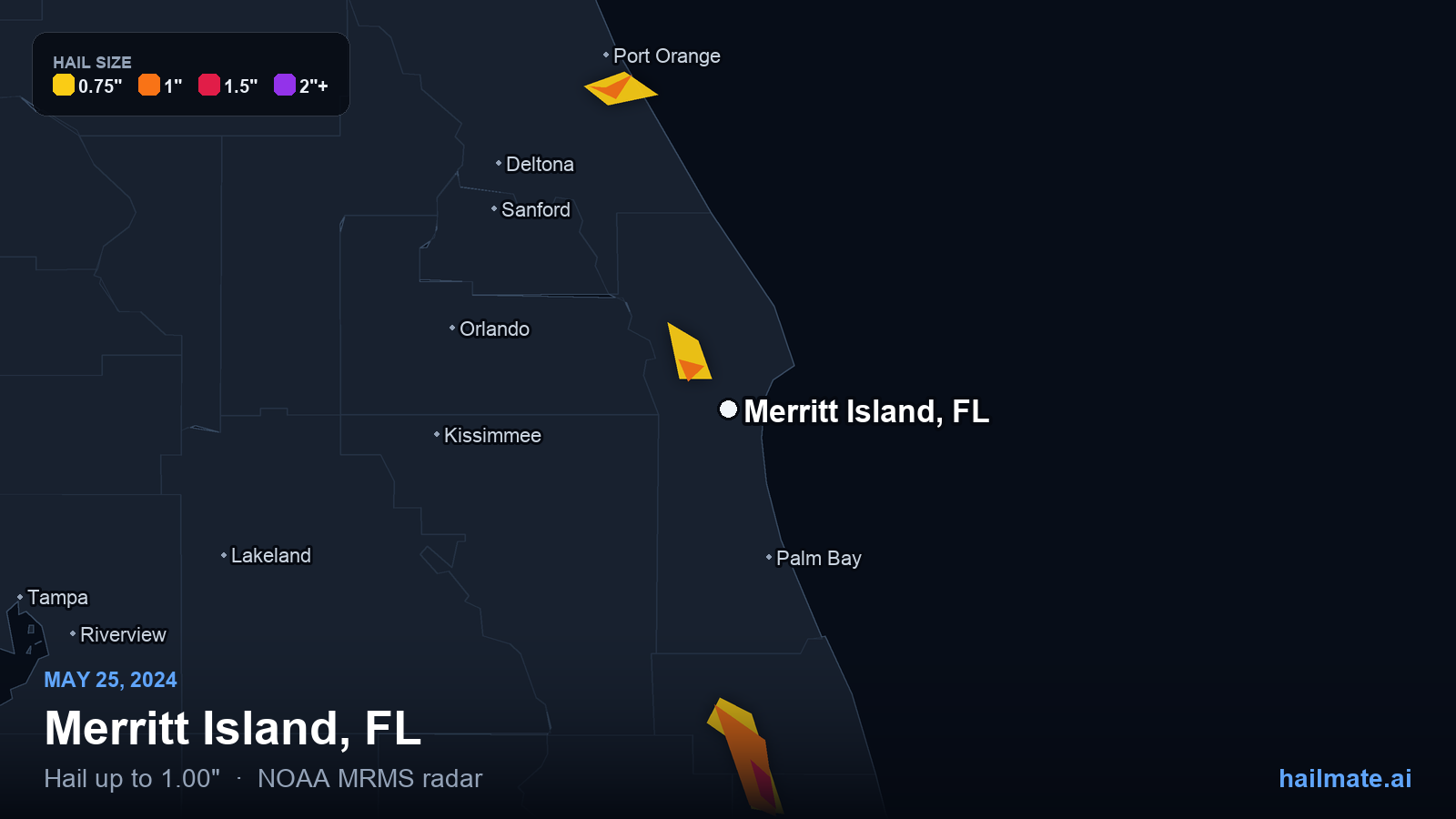 Hail swath map for Merritt Island, FL on May 25, 2024 showing 1.00 inch hail.