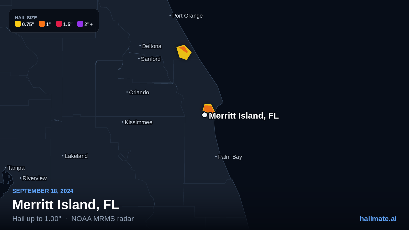 Hail swath map for Merritt Island, FL on September 18, 2024 showing 1.00 inch hail.