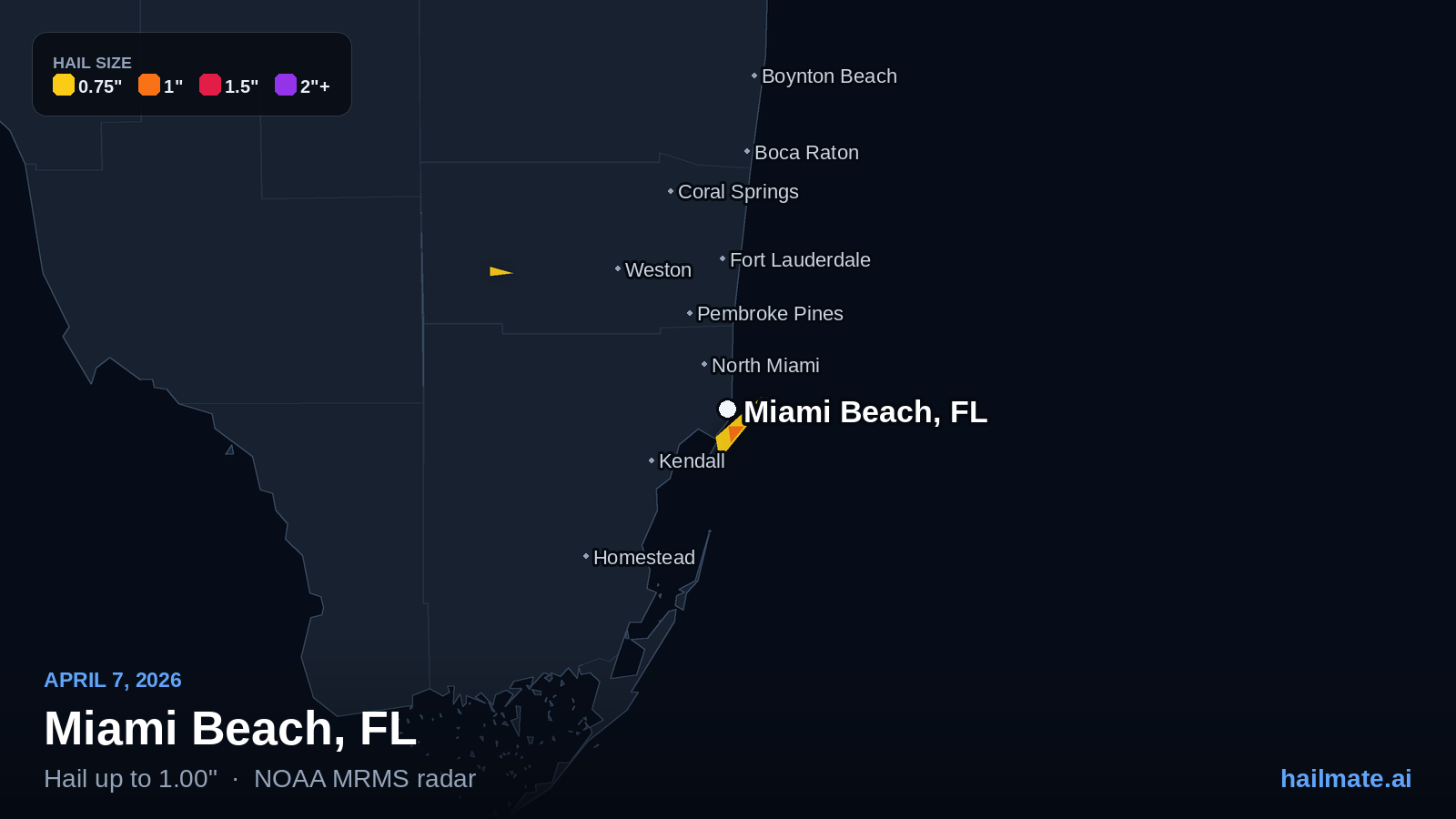 Hail swath map for Miami Beach, FL on April 7, 2026 showing 1.00 inch hail.