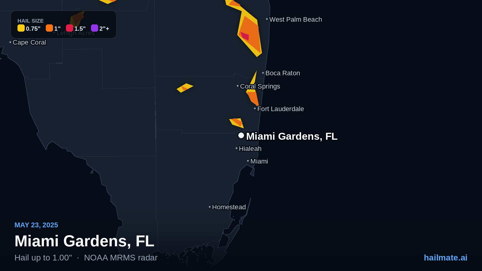 Hail swath map for Miami Gardens, FL on May 23, 2025 showing 1.00 inch hail.
