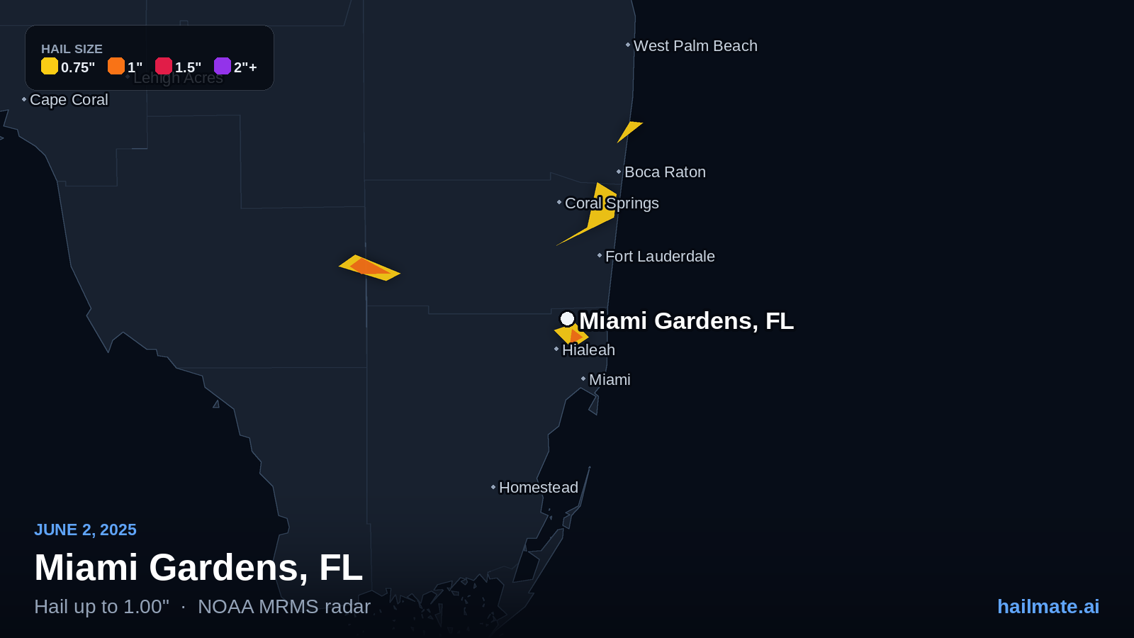 Hail swath map for Miami Gardens, FL on June 2, 2025 showing 1.00 inch hail.