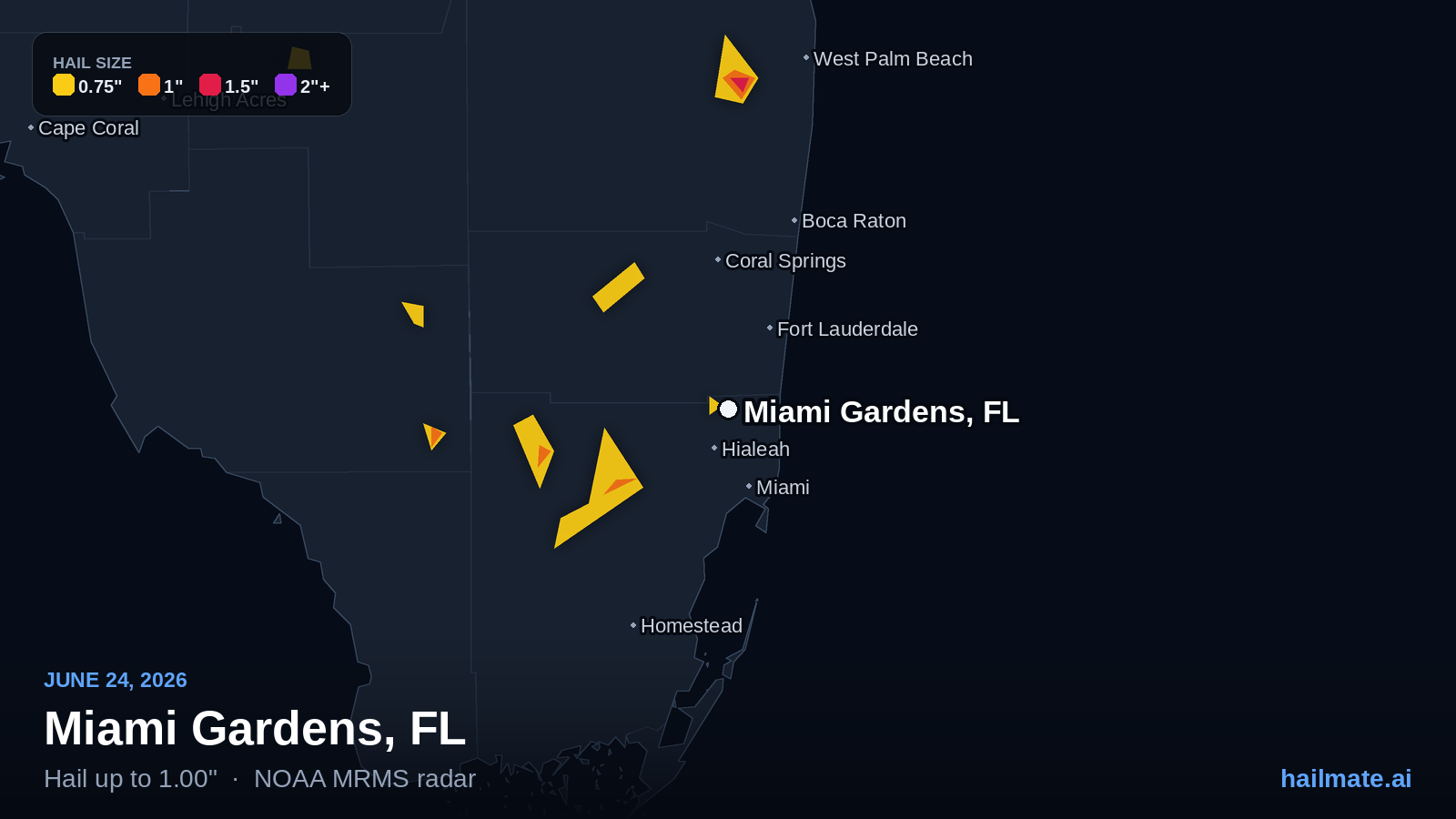 Hail swath map for Miami Gardens, FL on June 24, 2026 showing 1.00 inch hail.