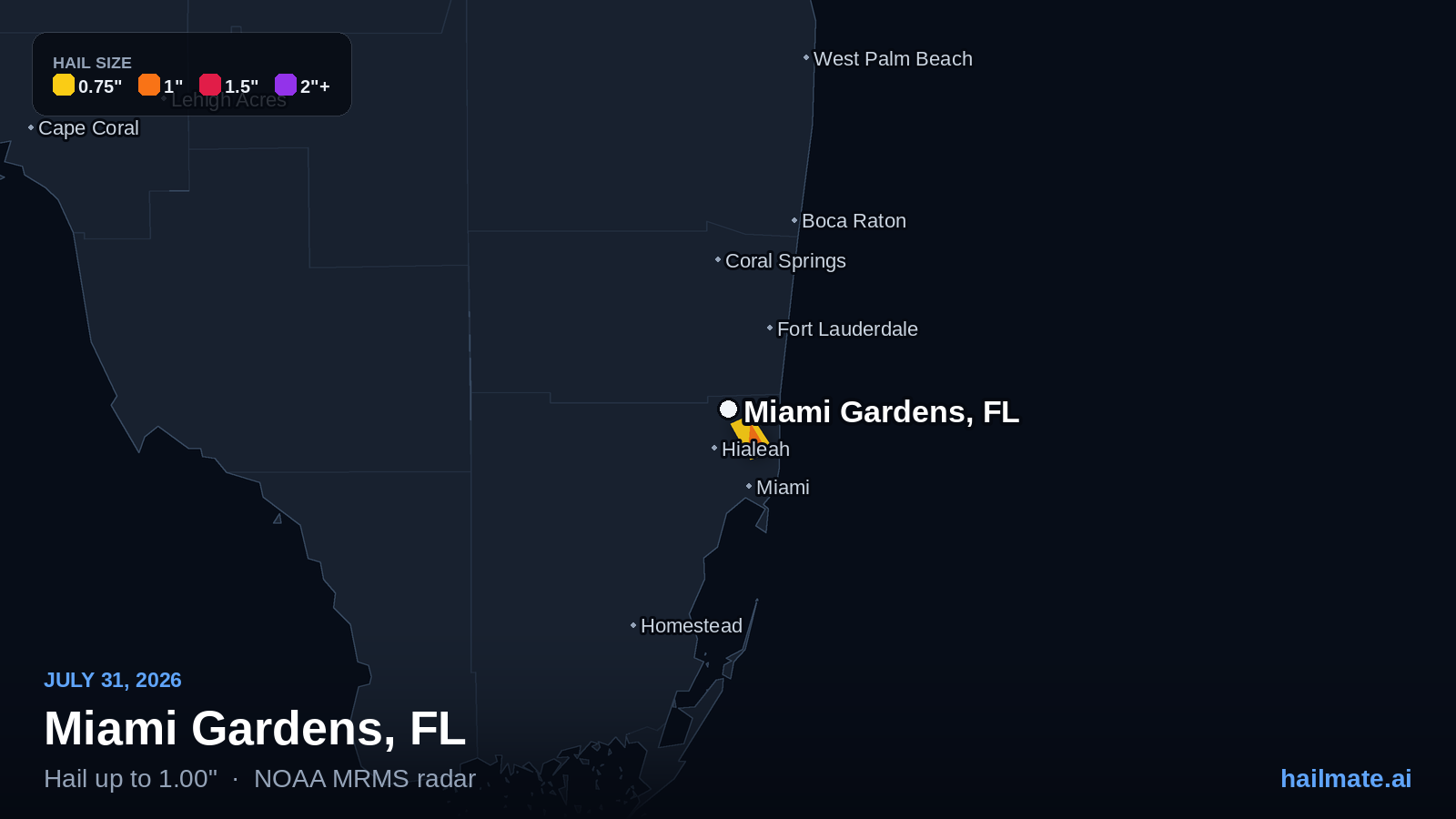 Hail swath map for Miami Gardens, FL on July 31, 2026 showing 1.00 inch hail.
