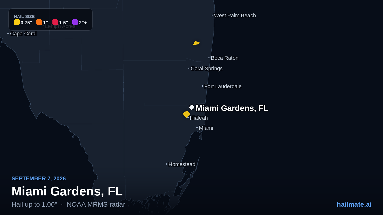 Hail swath map for Miami Gardens, FL on September 7, 2026 showing 1.00 inch hail.