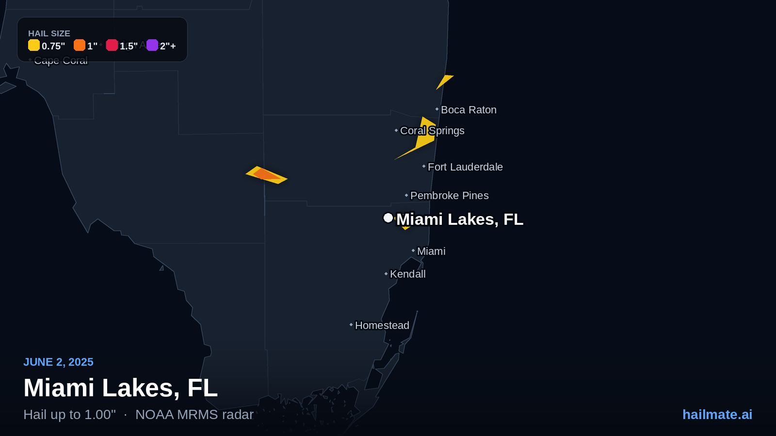 Hail swath map for Miami Lakes, FL on June 2, 2025 showing 1.00 inch hail.