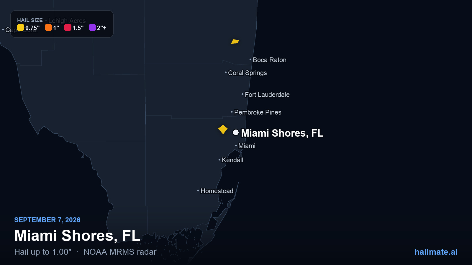 Hail swath map for Miami Shores, FL on September 7, 2026 showing 1.00 inch hail.