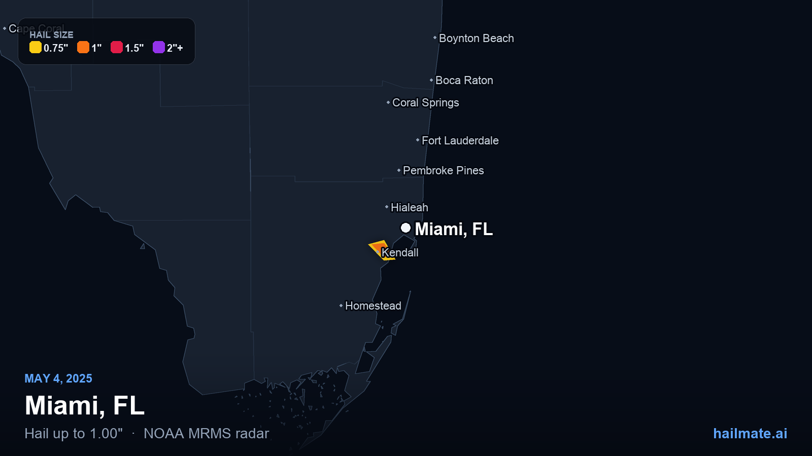 Hail swath map for Miami, FL on May 4, 2025 showing 1.00 inch hail.
