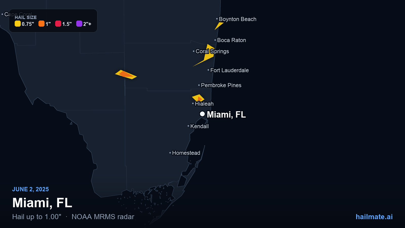 Hail swath map for Miami, FL on June 2, 2025 showing 1.00 inch hail.