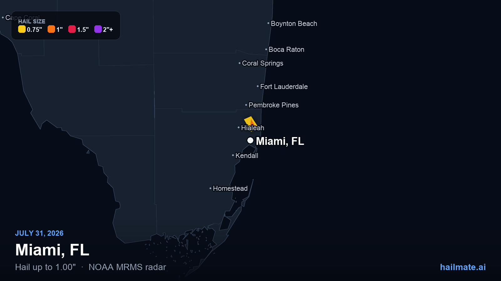 Hail swath map for Miami, FL on July 31, 2026 showing 1.00 inch hail.
