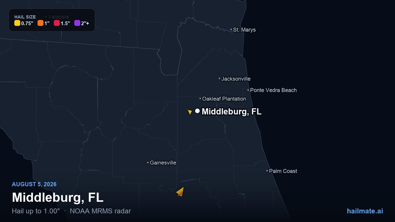 Hail swath map for Middleburg, FL on August 5, 2026 showing 1.00 inch hail.
