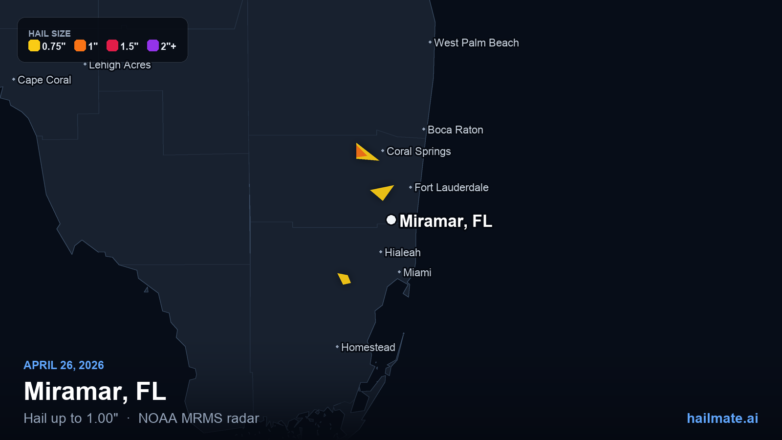 Hail swath map for Miramar, FL on April 26, 2026 showing 1.00 inch hail.