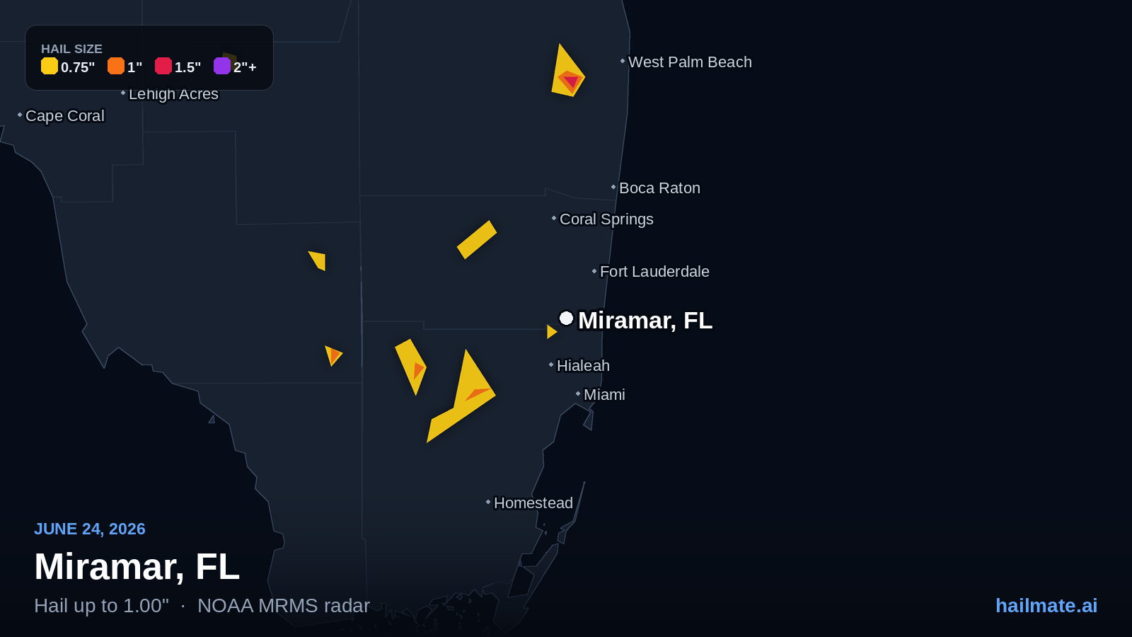 Hail swath map for Miramar, FL on June 24, 2026 showing 1.00 inch hail.