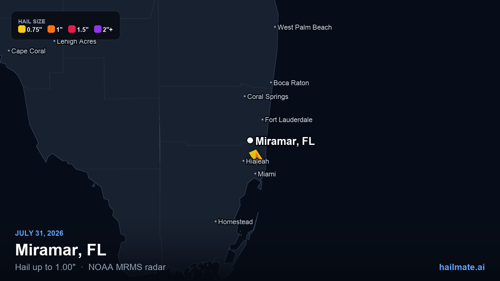 Hail swath map for Miramar, FL on July 31, 2026 showing 1.00 inch hail.