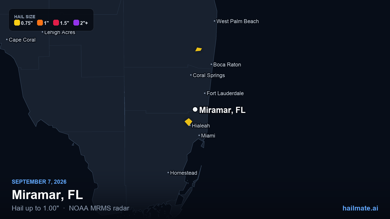 Hail swath map for Miramar, FL on September 7, 2026 showing 1.00 inch hail.