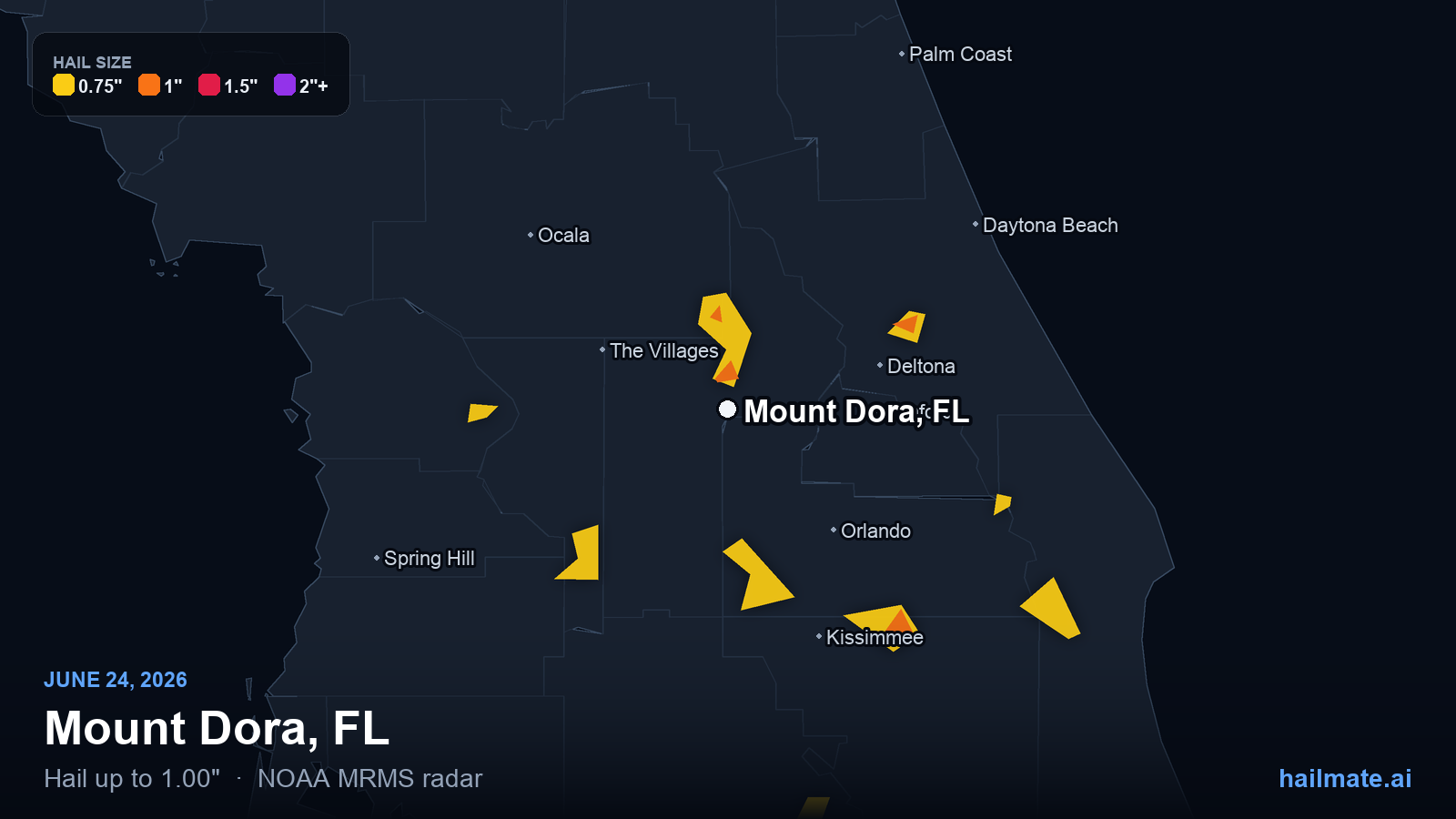 Hail swath map for Mount Dora, FL on June 24, 2026 showing 1.00 inch hail.
