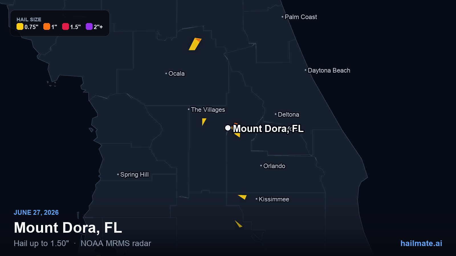 Hail swath map for Mount Dora, FL on June 27, 2026 showing 1.50 inch hail.