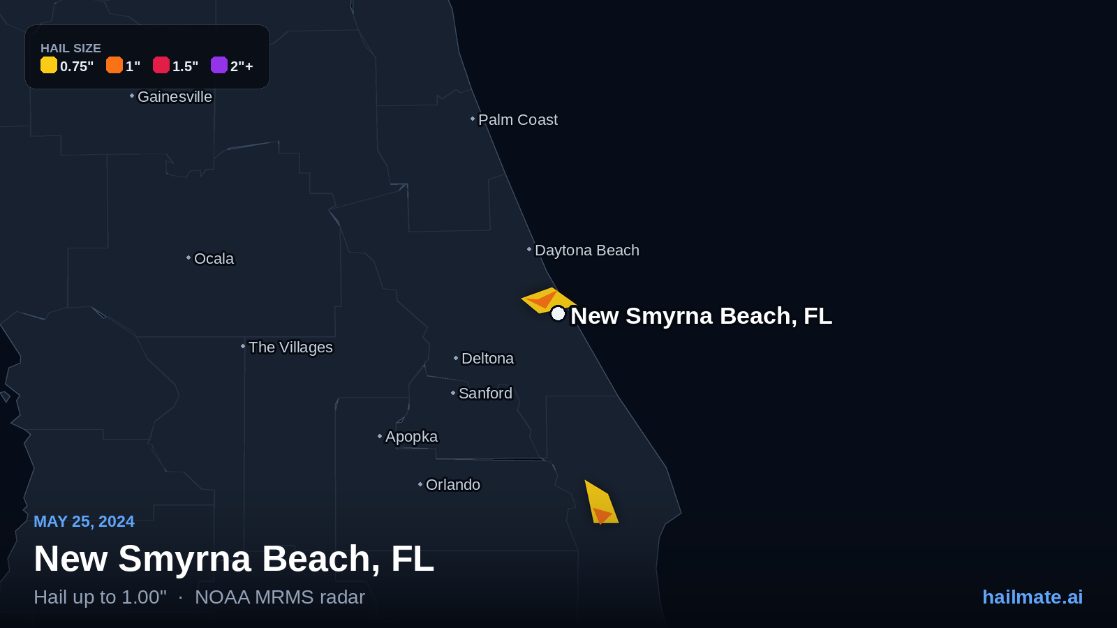 Hail swath map for New Smyrna Beach, FL on May 25, 2024 showing 1.00 inch hail.