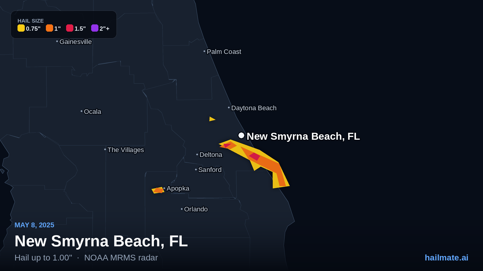 Hail swath map for New Smyrna Beach, FL on May 8, 2025 showing 1.00 inch hail.