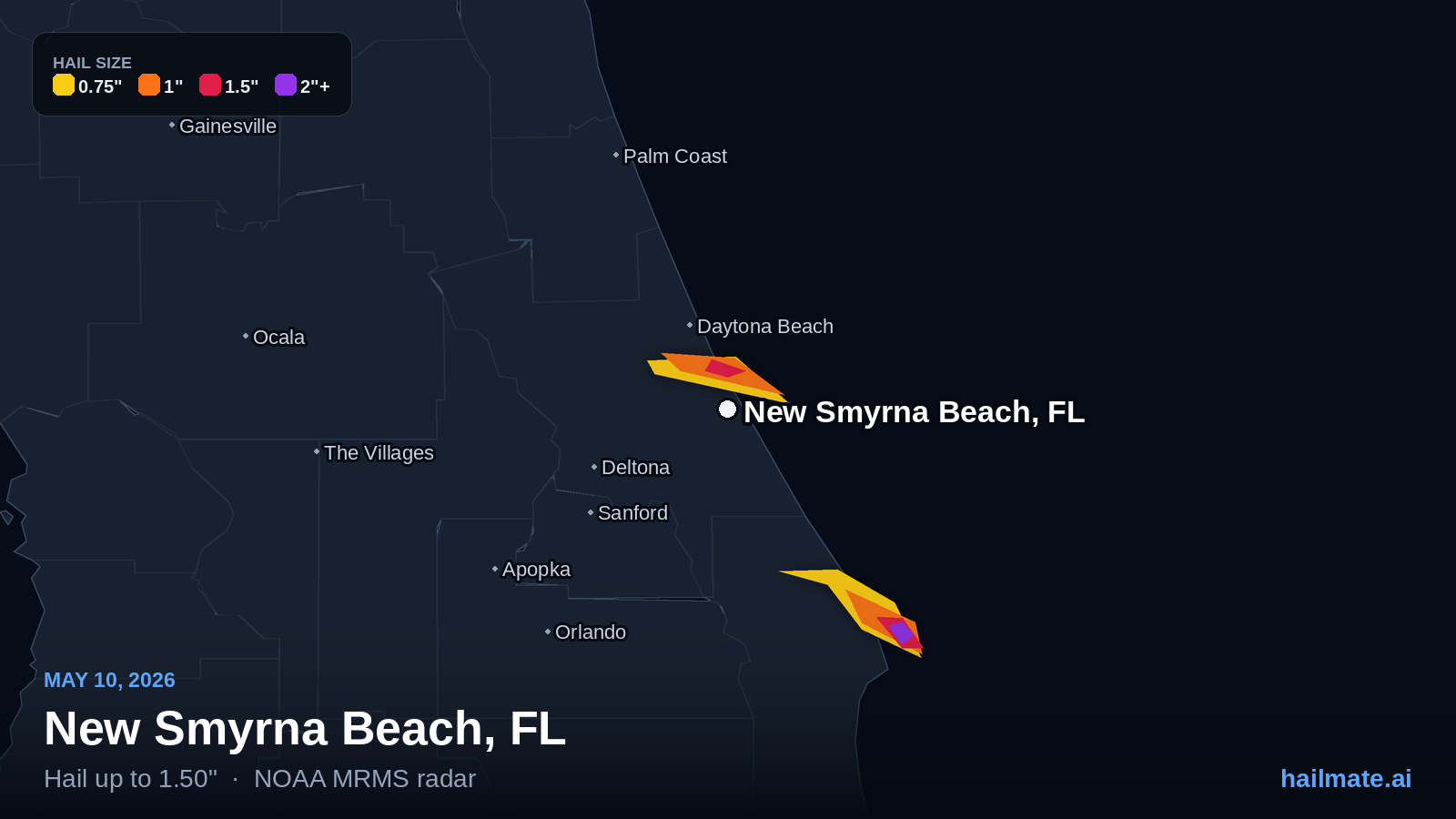 Hail swath map for New Smyrna Beach, FL on May 10, 2026 showing 1.50 inch hail.
