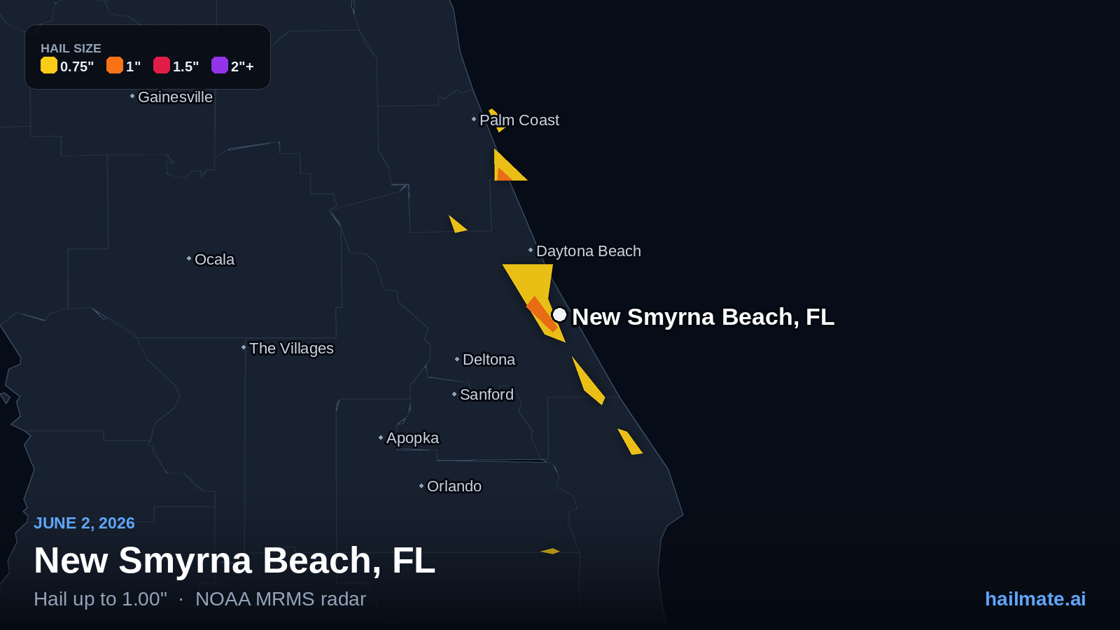 Hail swath map for New Smyrna Beach, FL on June 2, 2026 showing 1.00 inch hail.