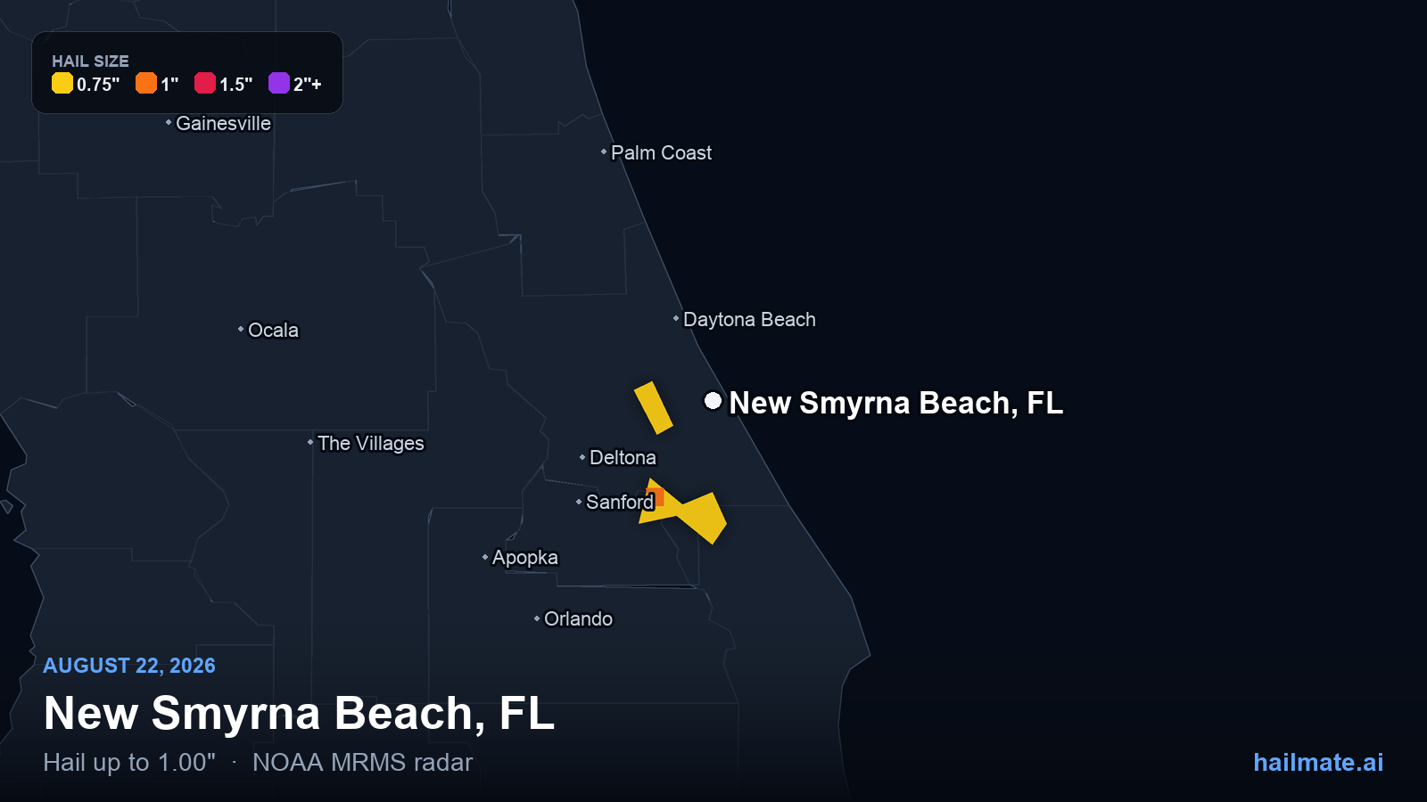 Hail swath map for New Smyrna Beach, FL on August 22, 2026 showing 1.00 inch hail.