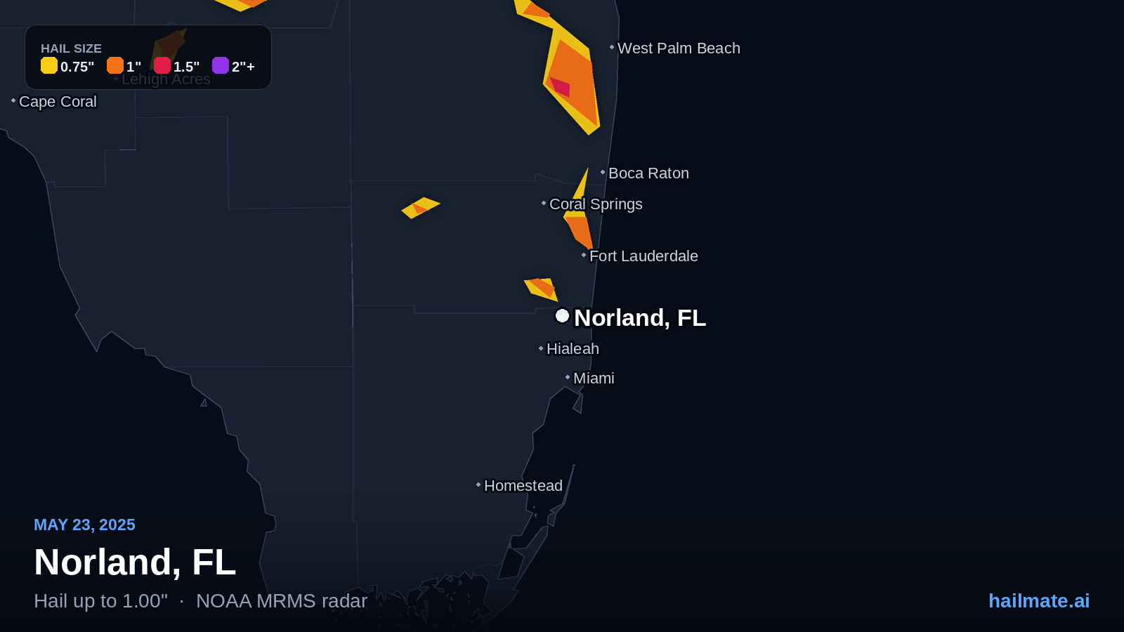 Hail swath map for Norland, FL on May 23, 2025 showing 1.00 inch hail.