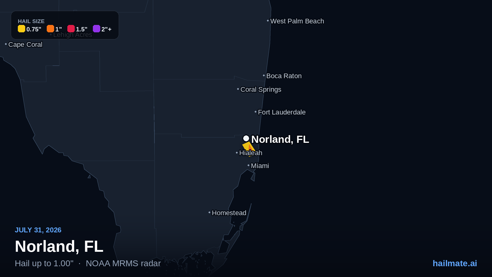 Hail swath map for Norland, FL on July 31, 2026 showing 1.00 inch hail.