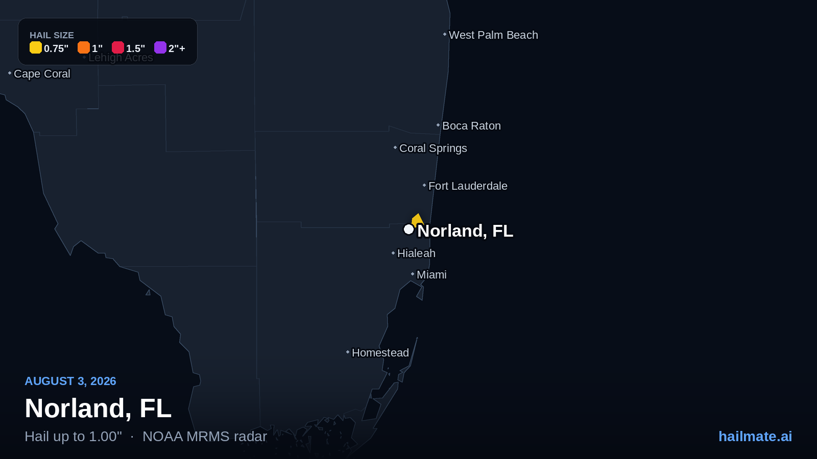 Hail swath map for Norland, FL on August 3, 2026 showing 1.00 inch hail.